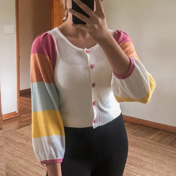 NEW LoveShackFancy Aidyn Crop Knit Puff Sleeve Cardigan in Malibu Sunset XS NWT - Picture 2 of 9